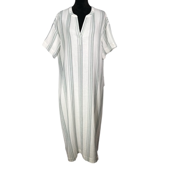 Haven White Gray Maxi Dress Muumuu Short Sleeve Cotton Gauze Striped Loungewear - Picture 2 of 16